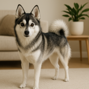 A black and white Alaskan Klee Kai with pointed ears stands on a carpet in a living room with a beige sofa and a potted plant—perfect inspiration for Alaskan Klee Kai gifts.