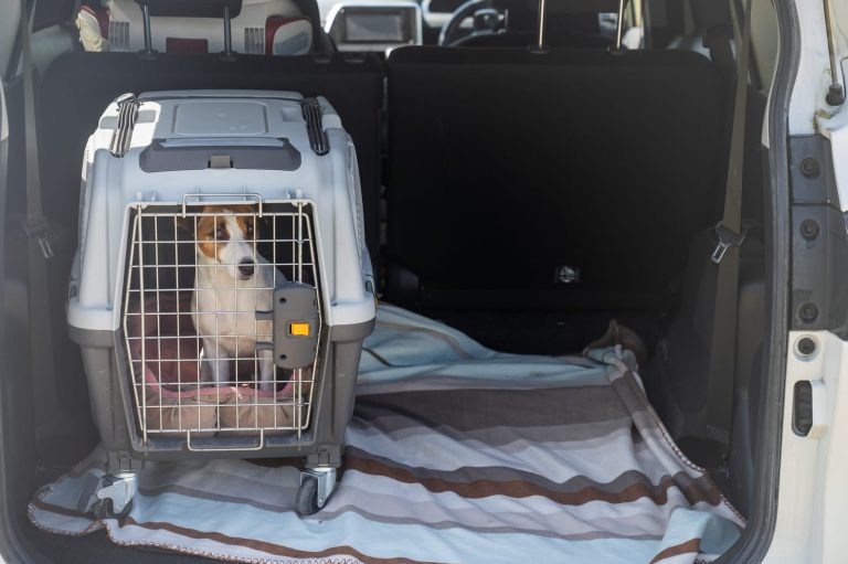 A small dog sits inside a pet carrier placed in the back of a car, which is lined with a striped blanket, ready for an adventure—just like when people ask, "Can dogs travel on Amtrak?.