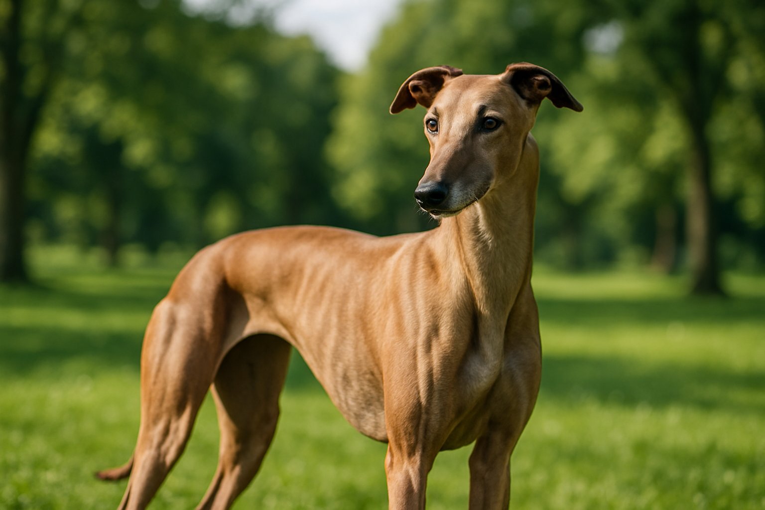 A Greyhound dog standing on grass in a park with trees in the background.