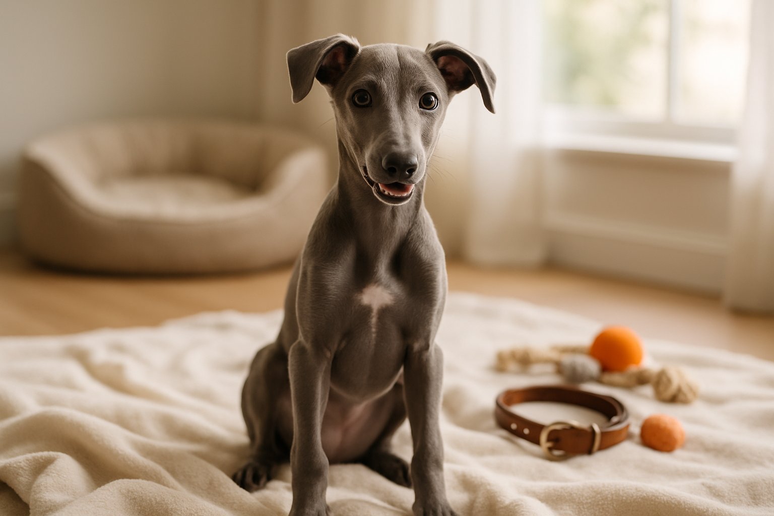 A greyhound puppy sitting on a blanket indoors with pet accessories and natural light in the background.