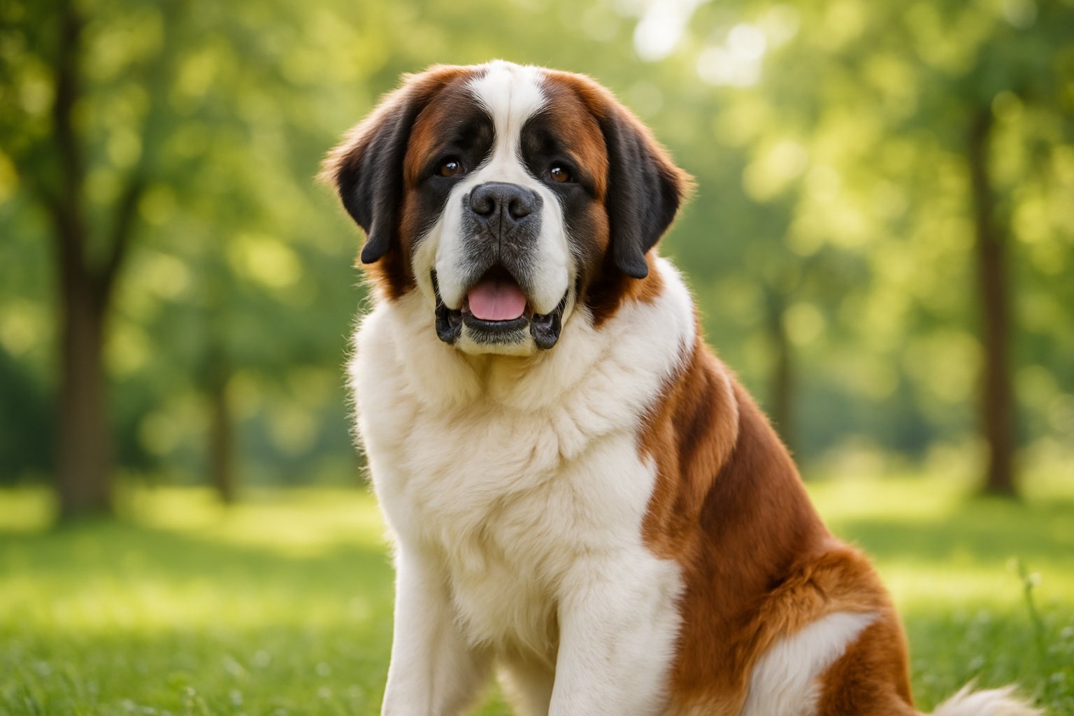 A Saint Bernard dog sitting on grass in a sunny park with trees in the background.