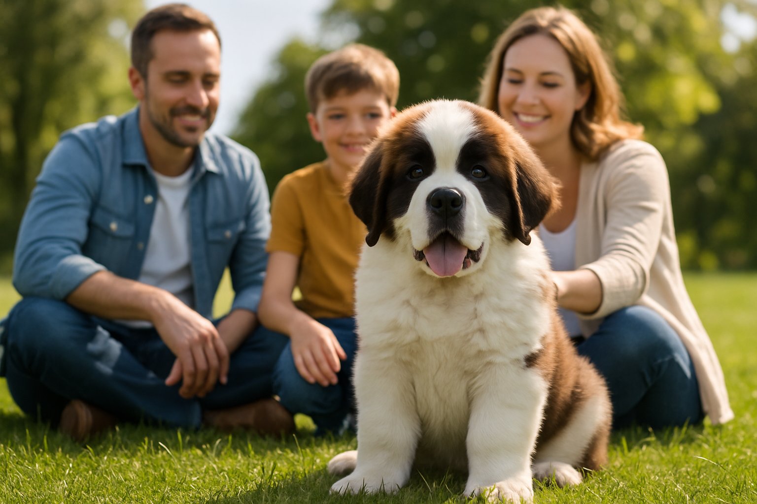 A Saint Bernard puppy sitting on grass with a family smiling and interacting with it outdoors.