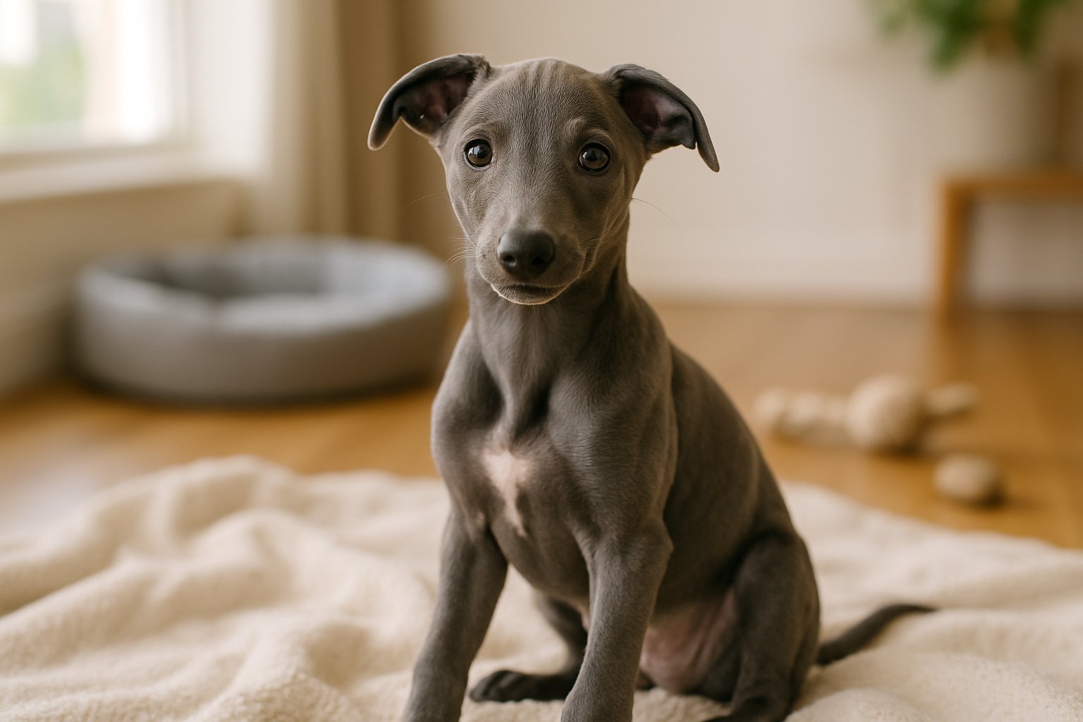 A greyhound puppy sitting on a blanket indoors with dog toys and a dog bed nearby.