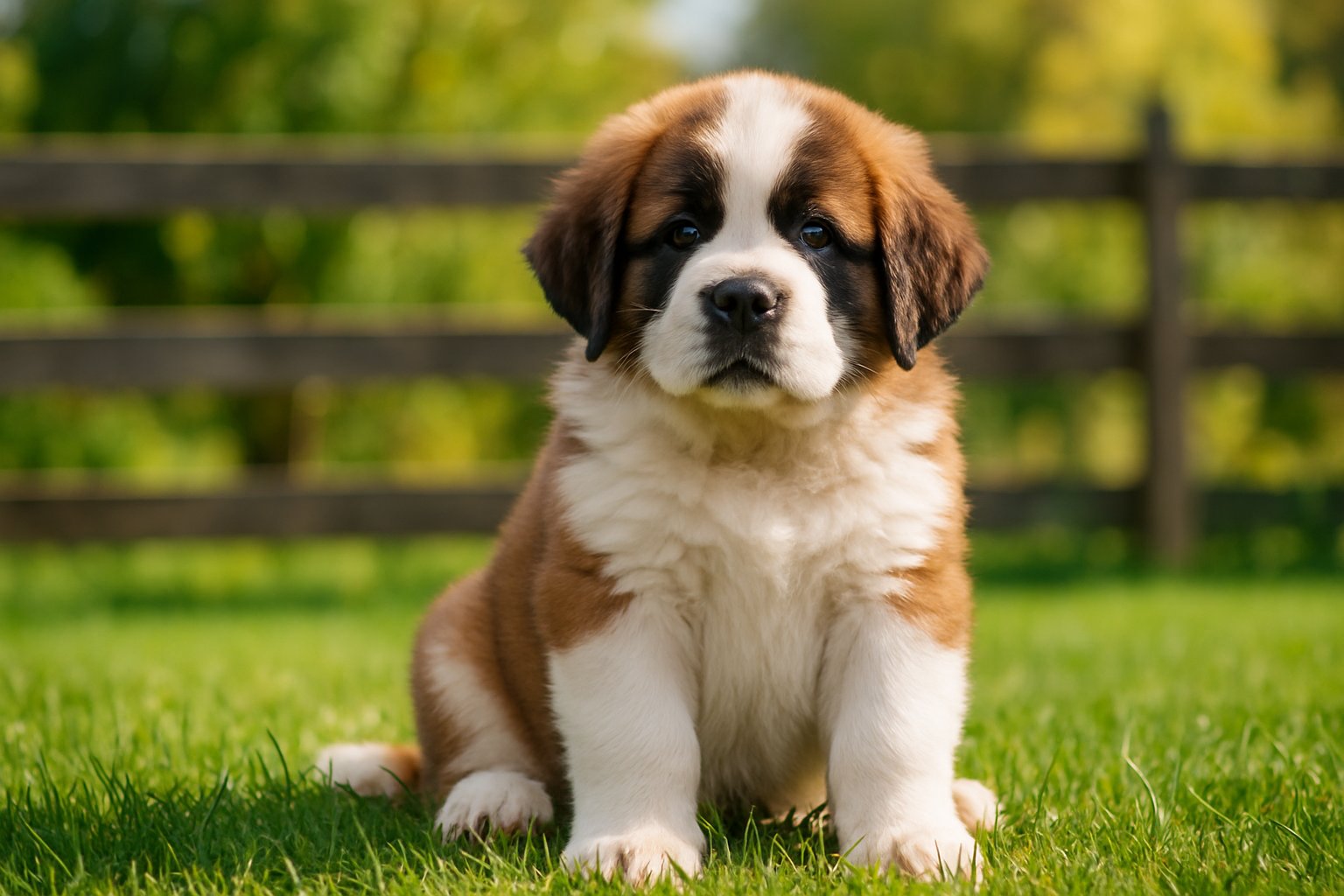 A Saint Bernard puppy sitting on green grass outdoors with a wooden fence and garden in the background.