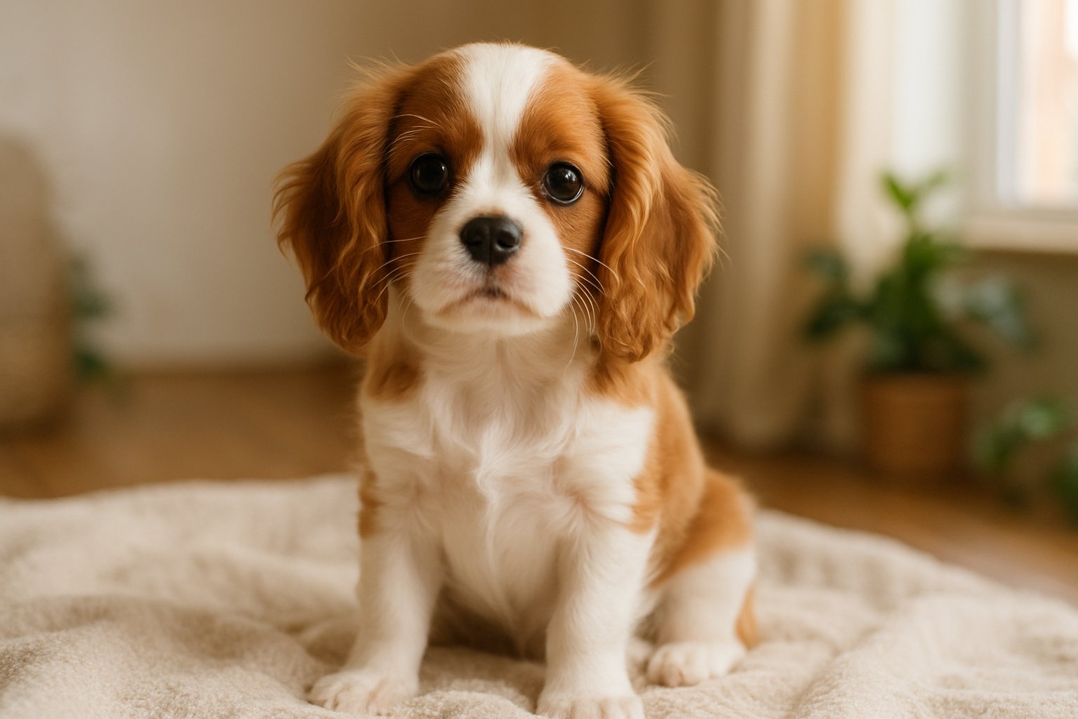 A Cavalier King Charles Spaniel puppy sitting on a blanket in a cozy indoor setting with soft natural light.