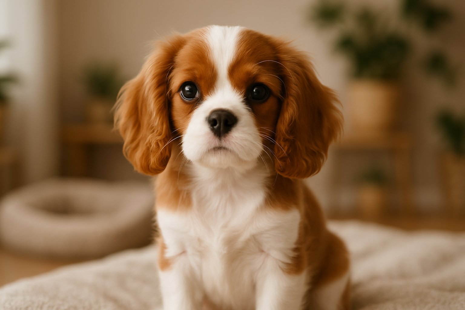 A Cavalier King Charles Spaniel puppy sitting on a blanket in a cozy indoor setting.