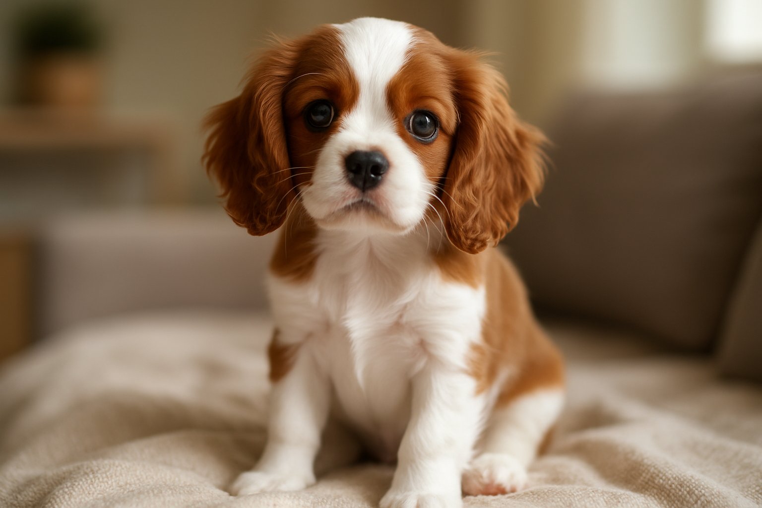 A Cavalier King Charles Spaniel puppy sitting on a soft blanket indoors with a blurred background.