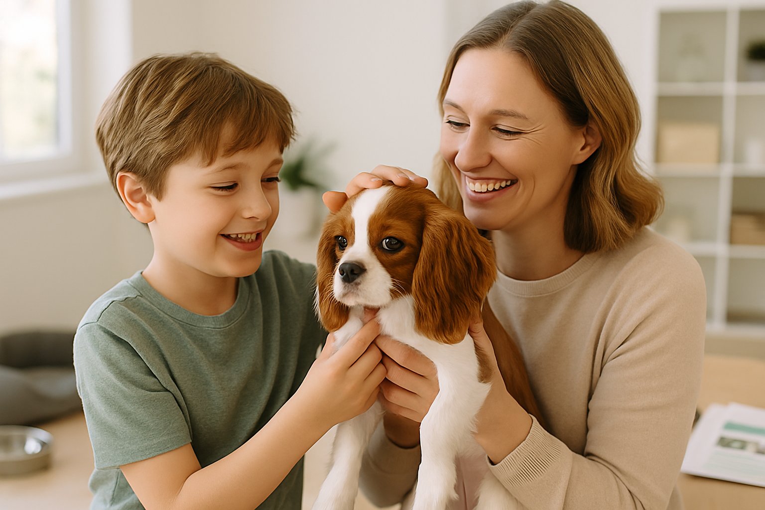 A family happily holding and petting a Cavalier King Charles Spaniel puppy in a clean, well-lit room with pet care items visible.