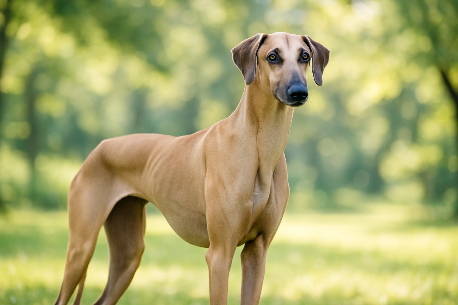 A tan Sloughi dog standing outdoors in a green park with soft sunlight and blurred background.