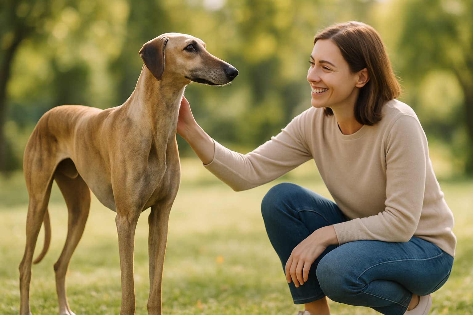 A person crouching and petting a slender Sloughi dog outdoors in a sunny park setting.