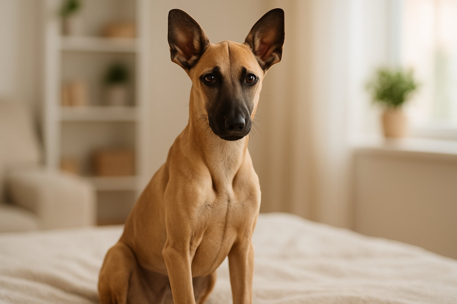 A Sloughi puppy sitting on a blanket in a bright room with natural light and home decor in the background.