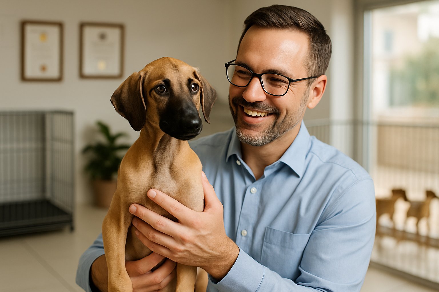 A person gently holding a healthy Sloughi puppy in a clean, well-lit room with puppies playing safely in the background.