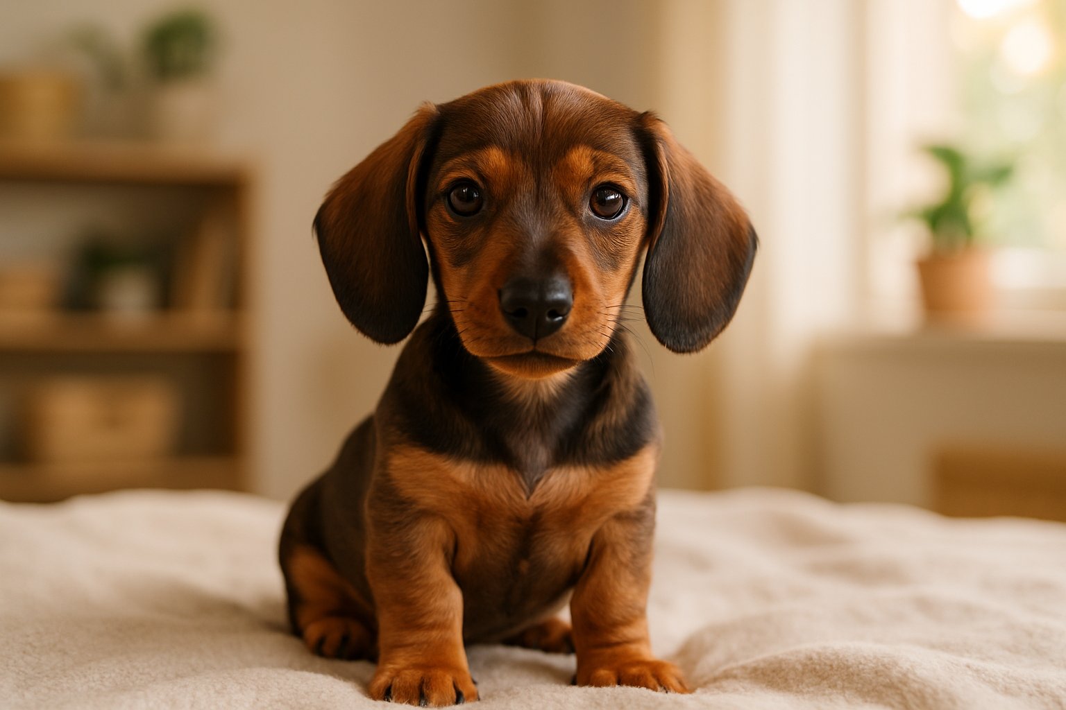 A dachshund puppy sitting on a blanket in a bright, cozy room with soft natural light.