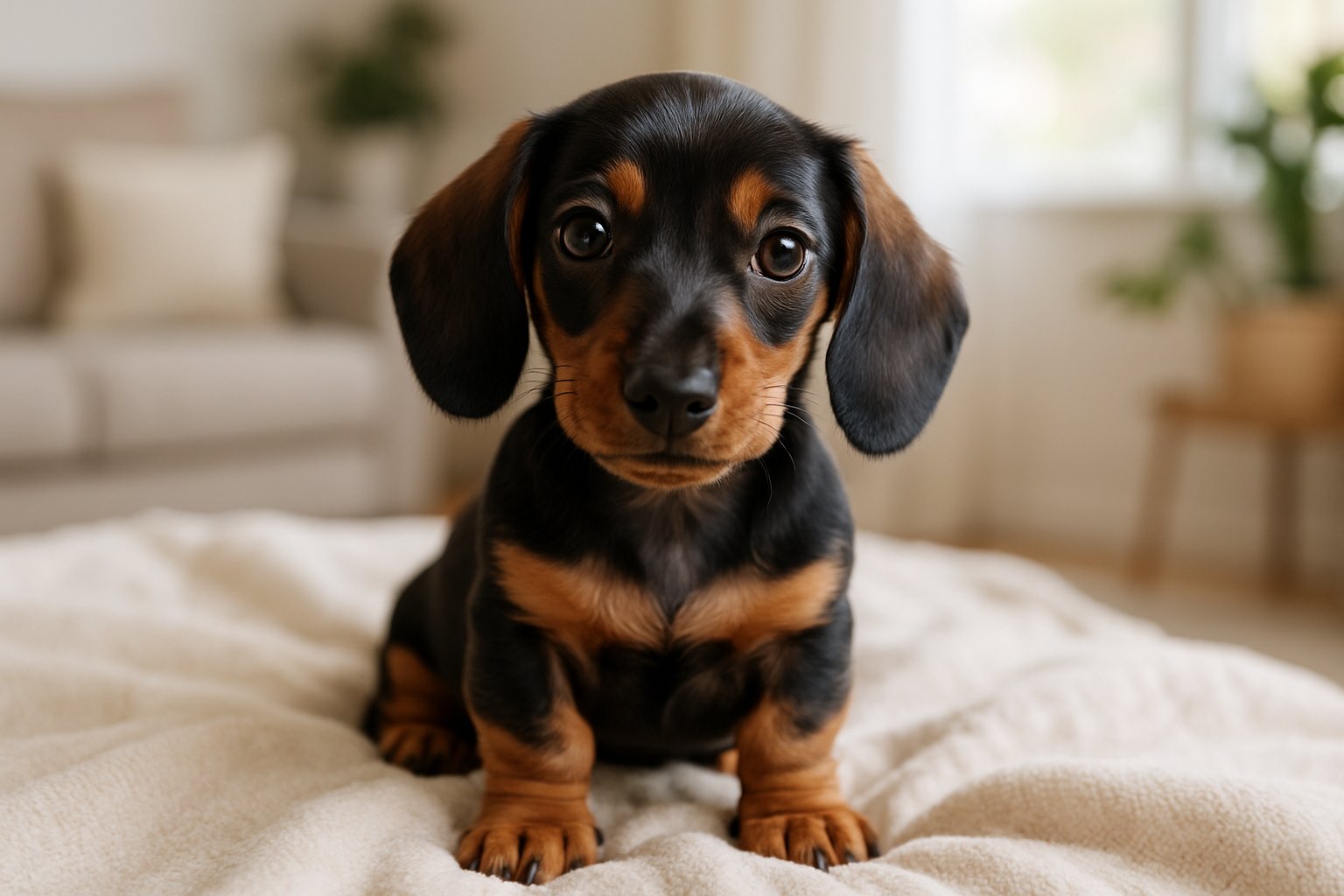 A dachshund puppy sitting on a blanket in a bright, cozy room with a blurred living room background.