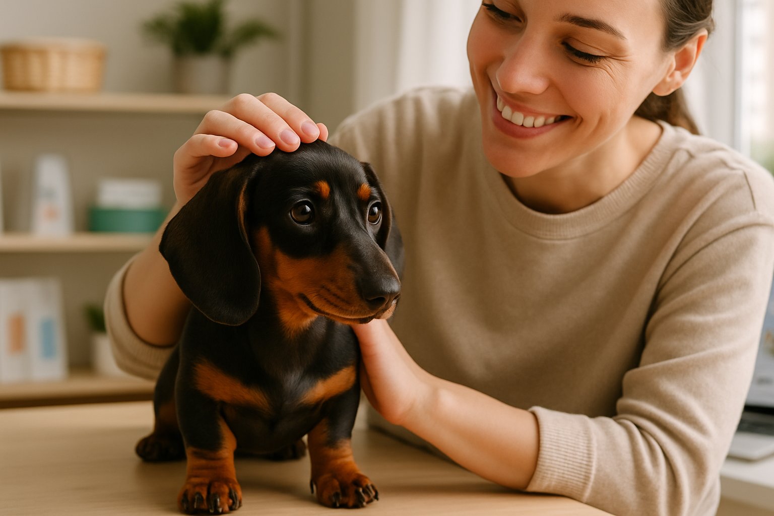 A person gently holding and smiling at a happy Dachshund puppy indoors with pet supplies and a laptop in the background.