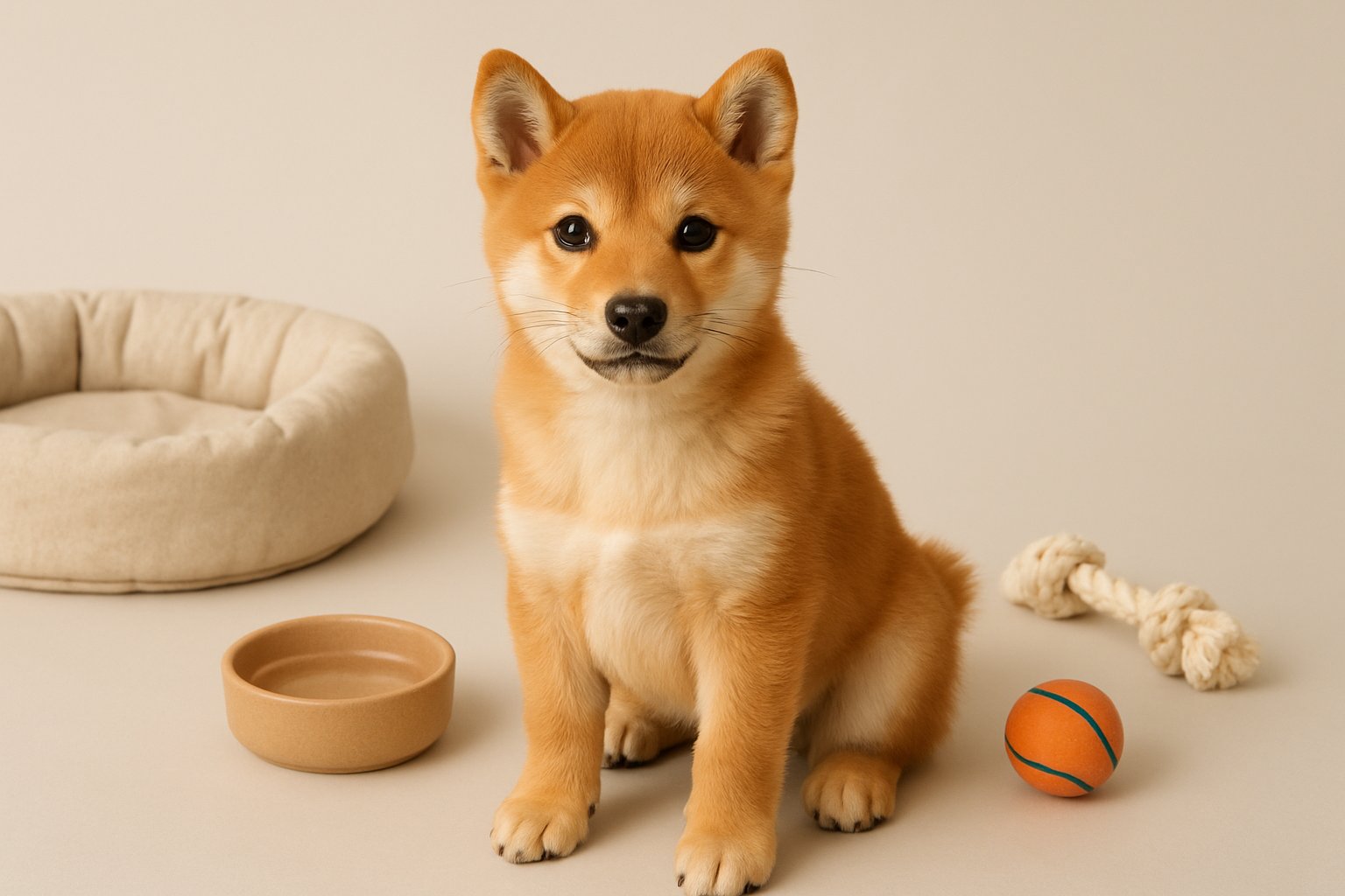 A Shiba Inu puppy sitting on the floor with a dog bed and toys nearby.
