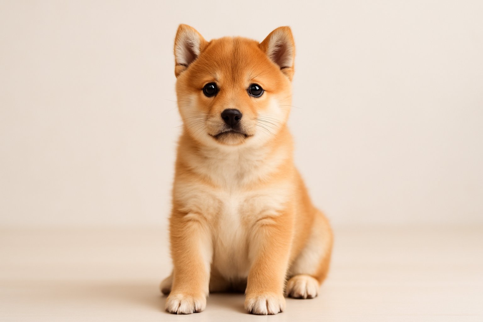 A Shiba Inu puppy sitting and looking attentively against a neutral background.