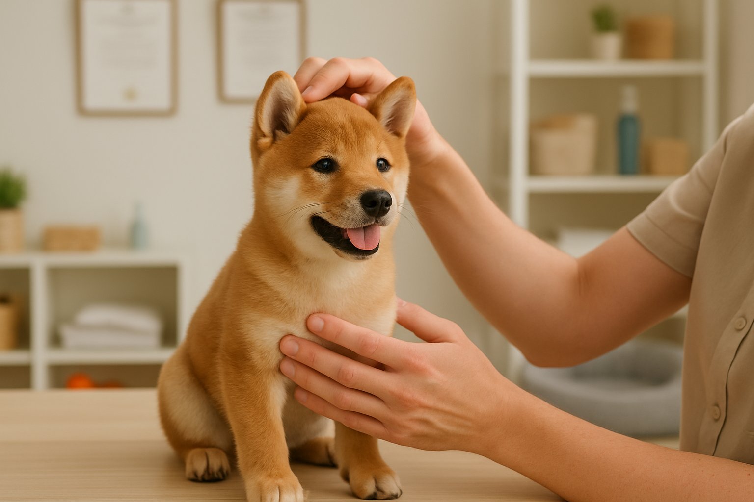 A person gently holding and petting a healthy Shiba Inu puppy in a clean, well-lit indoor setting that suggests a trustworthy breeder environment.