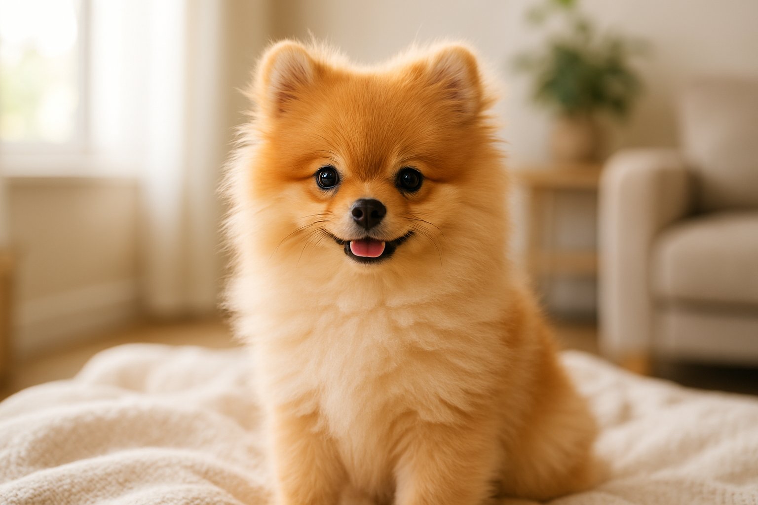 A fluffy Pomeranian puppy sitting on a blanket in a cozy indoor setting with soft natural light.