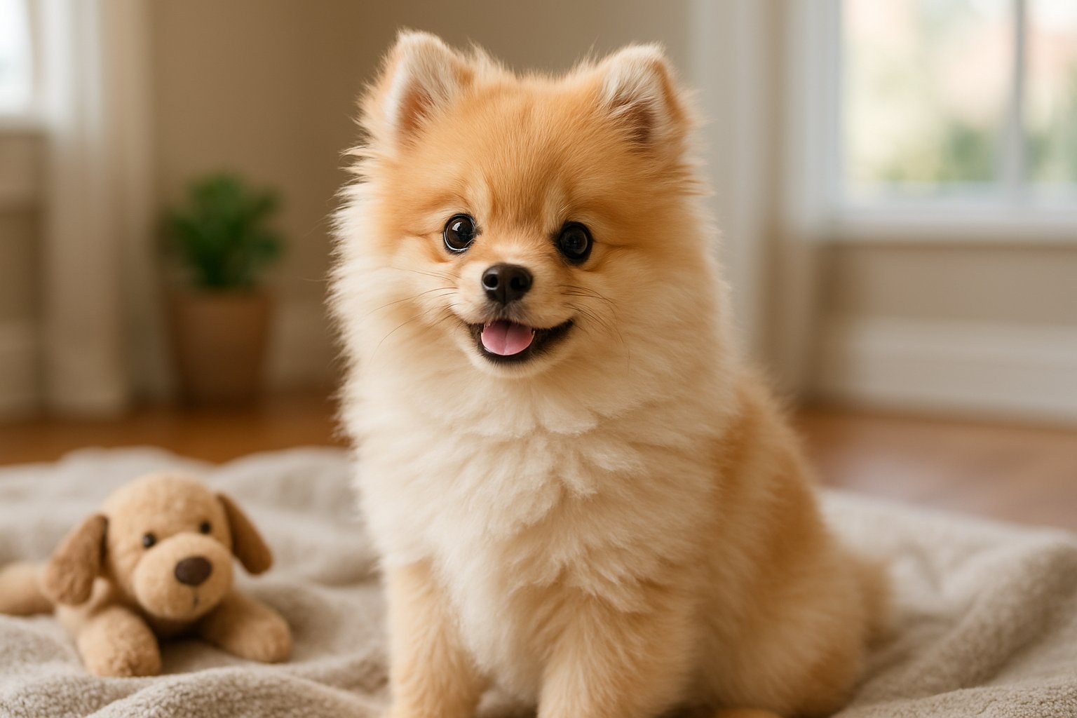 A fluffy Pomeranian puppy sitting on a soft blanket indoors with natural light and a few pet toys nearby.