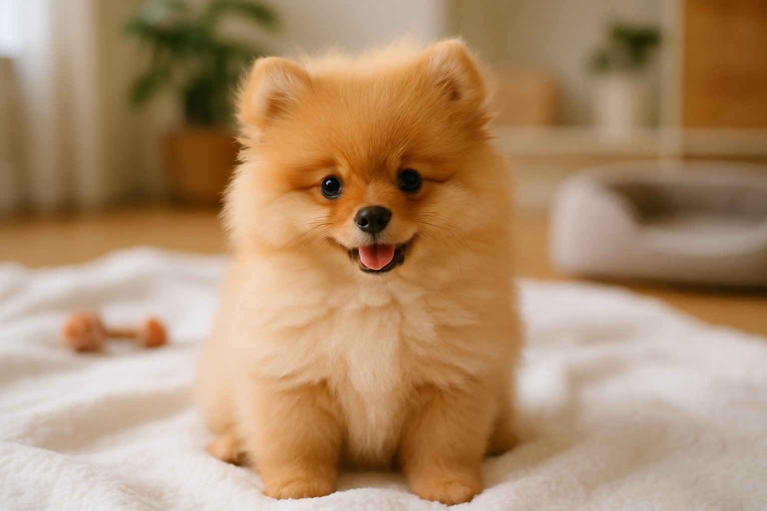 A fluffy Pomeranian puppy sitting on a white blanket indoors, looking at the camera with a playful expression.