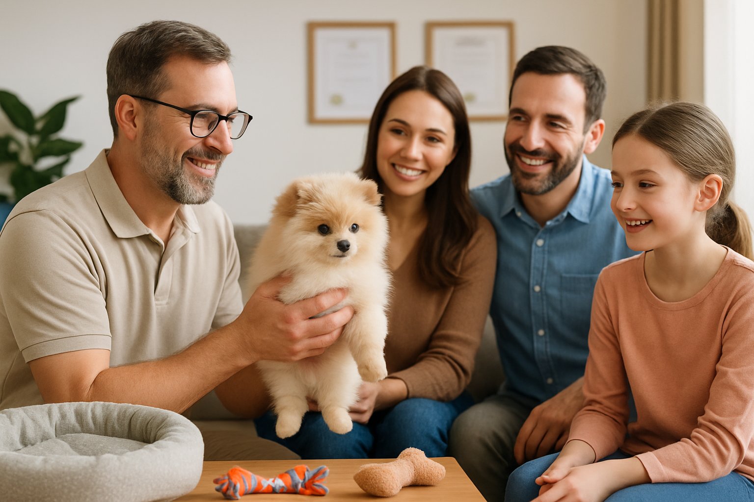 A breeder holding a fluffy Pomeranian puppy while a smiling family looks on in a cozy, clean home setting.
