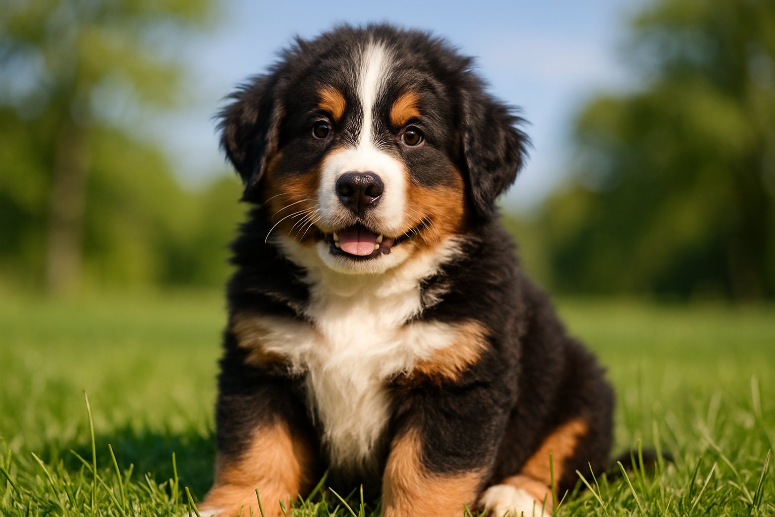 A Bernese Mountain Dog puppy sitting on green grass outdoors, looking at the camera with a friendly expression.