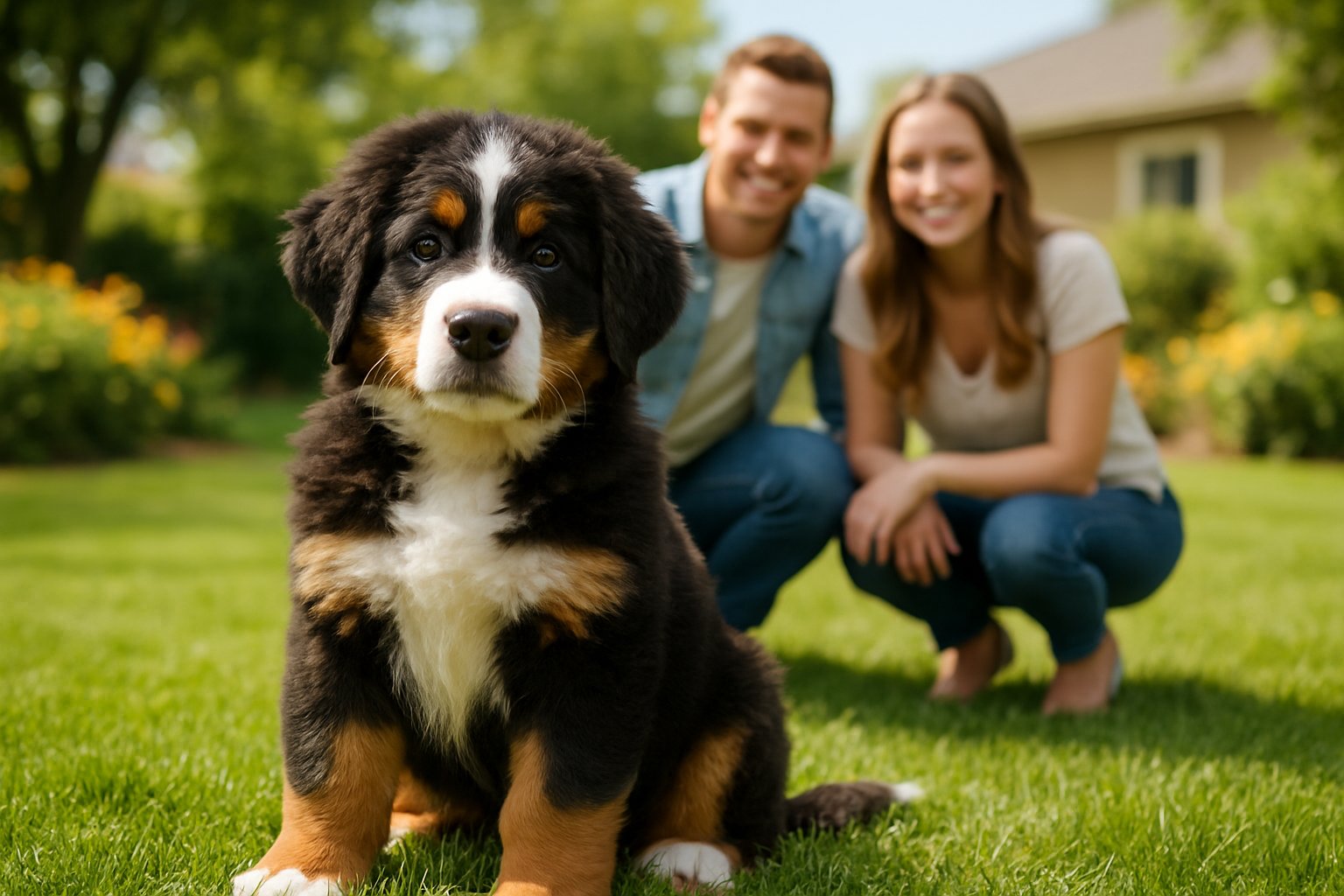 A Bernese Mountain Dog puppy sitting on grass with a smiling couple in the background outdoors.