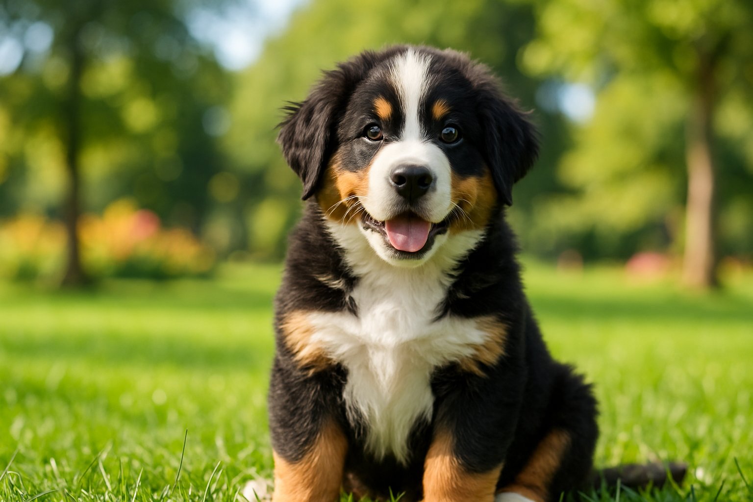 A Bernese Mountain Dog puppy sitting on green grass outdoors, looking at the camera with a friendly expression.