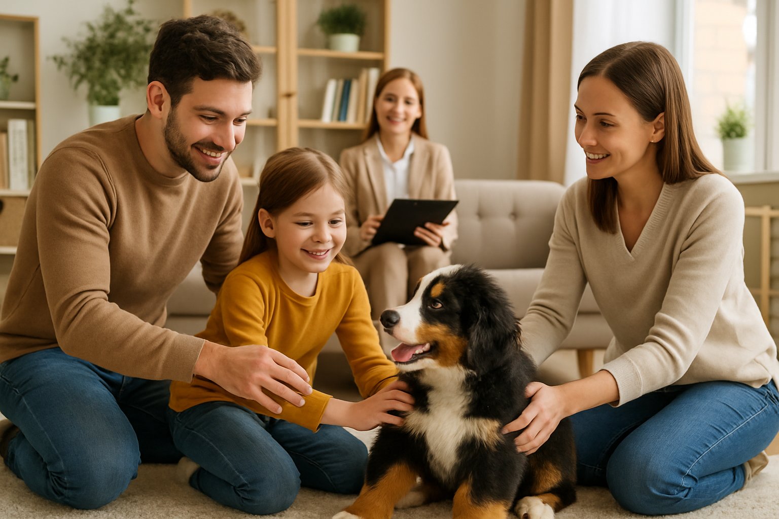 A family happily interacting with a Bernese Mountain Dog puppy indoors while a breeder explains information nearby.