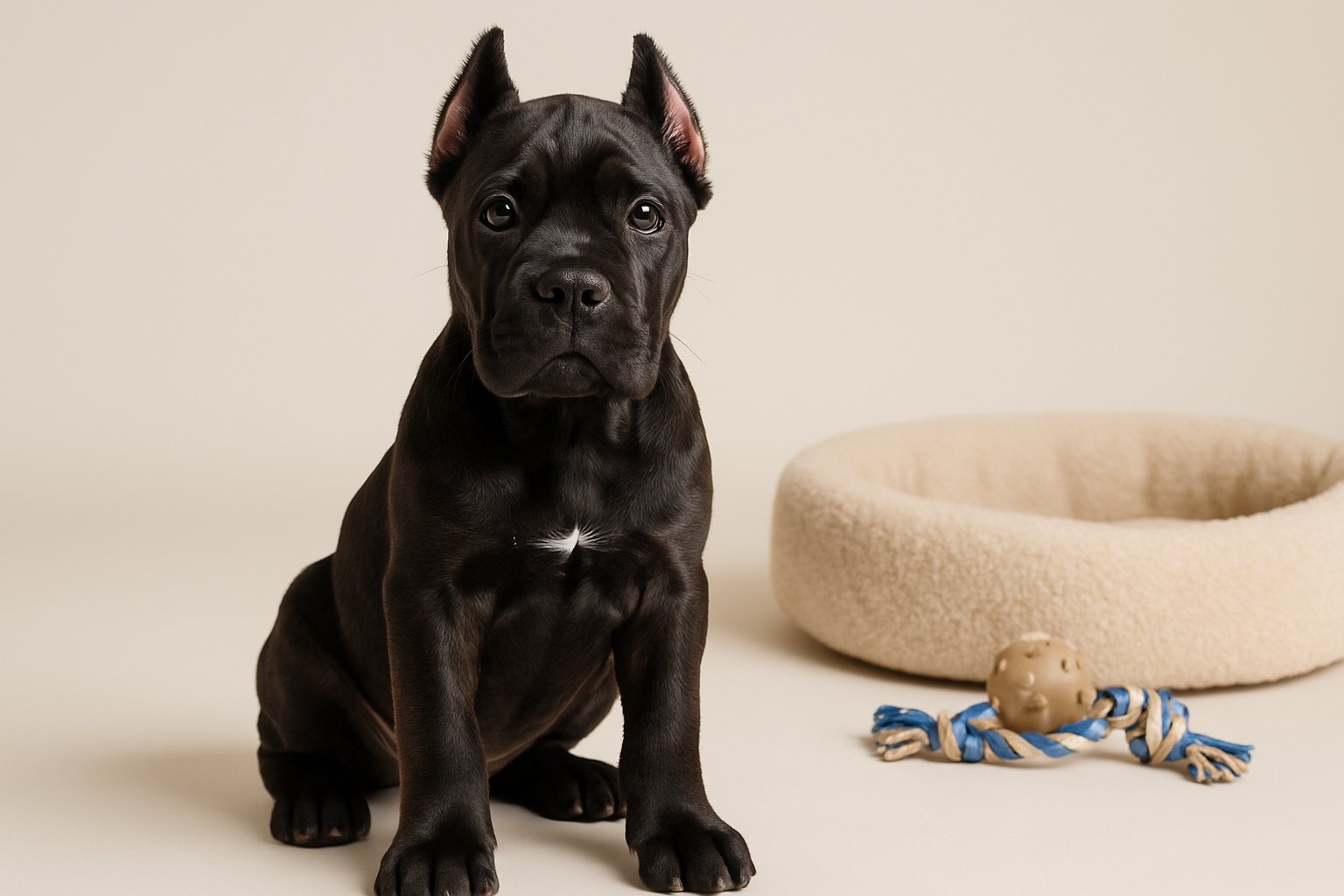 A Cane Corso puppy sitting attentively on a neutral background with a dog bed and toys nearby.