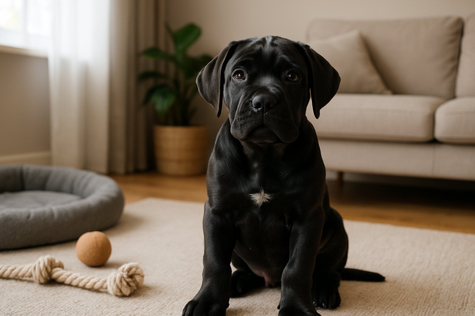 A Cane Corso puppy sitting attentively in a cozy living room with natural light and dog toys nearby.