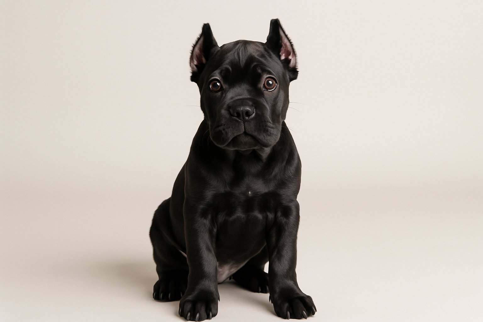 A black Cane Corso puppy sitting and looking attentively at the camera on a plain background.