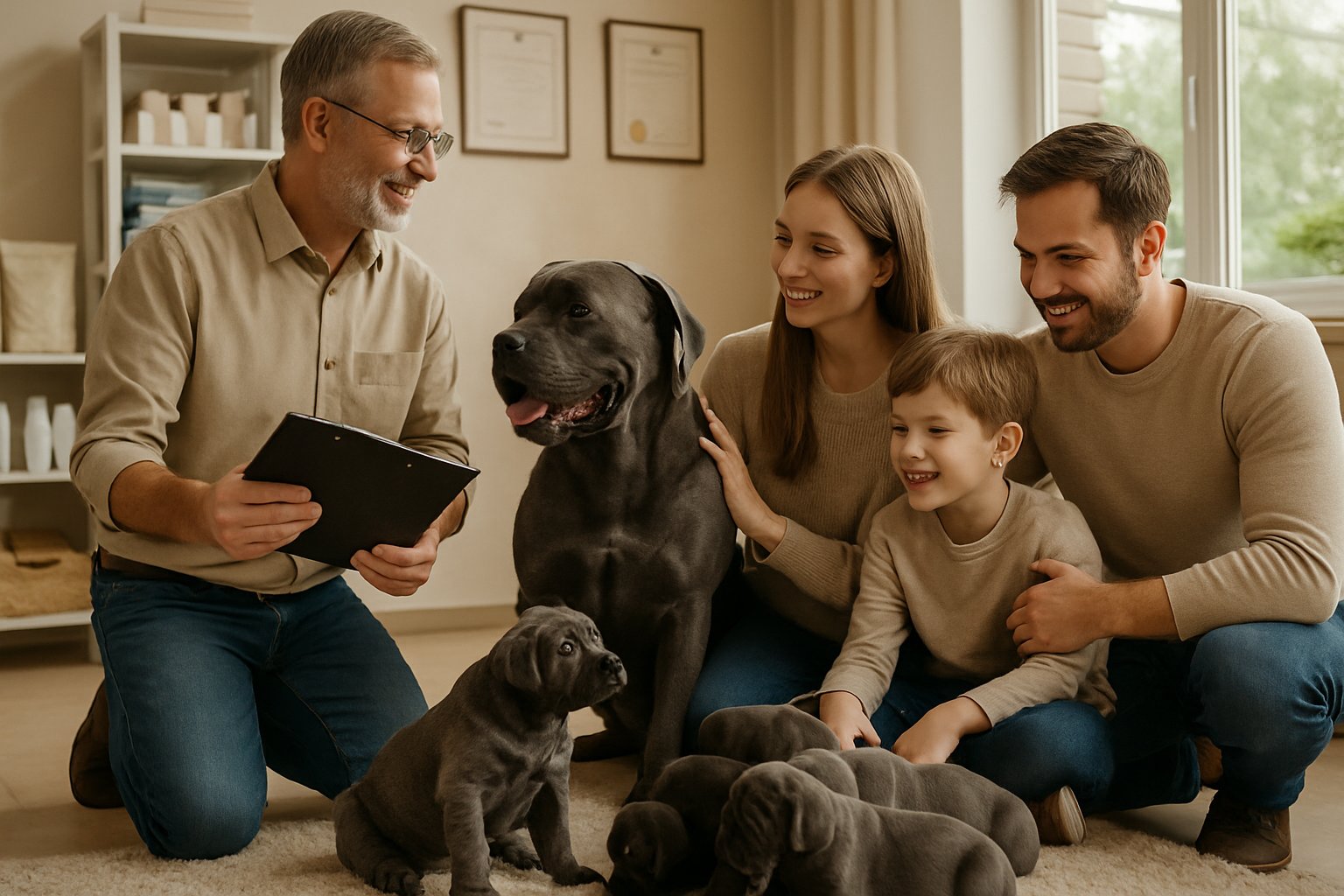 A family interacting with a breeder and several Cane Corso puppies in a bright, clean room.