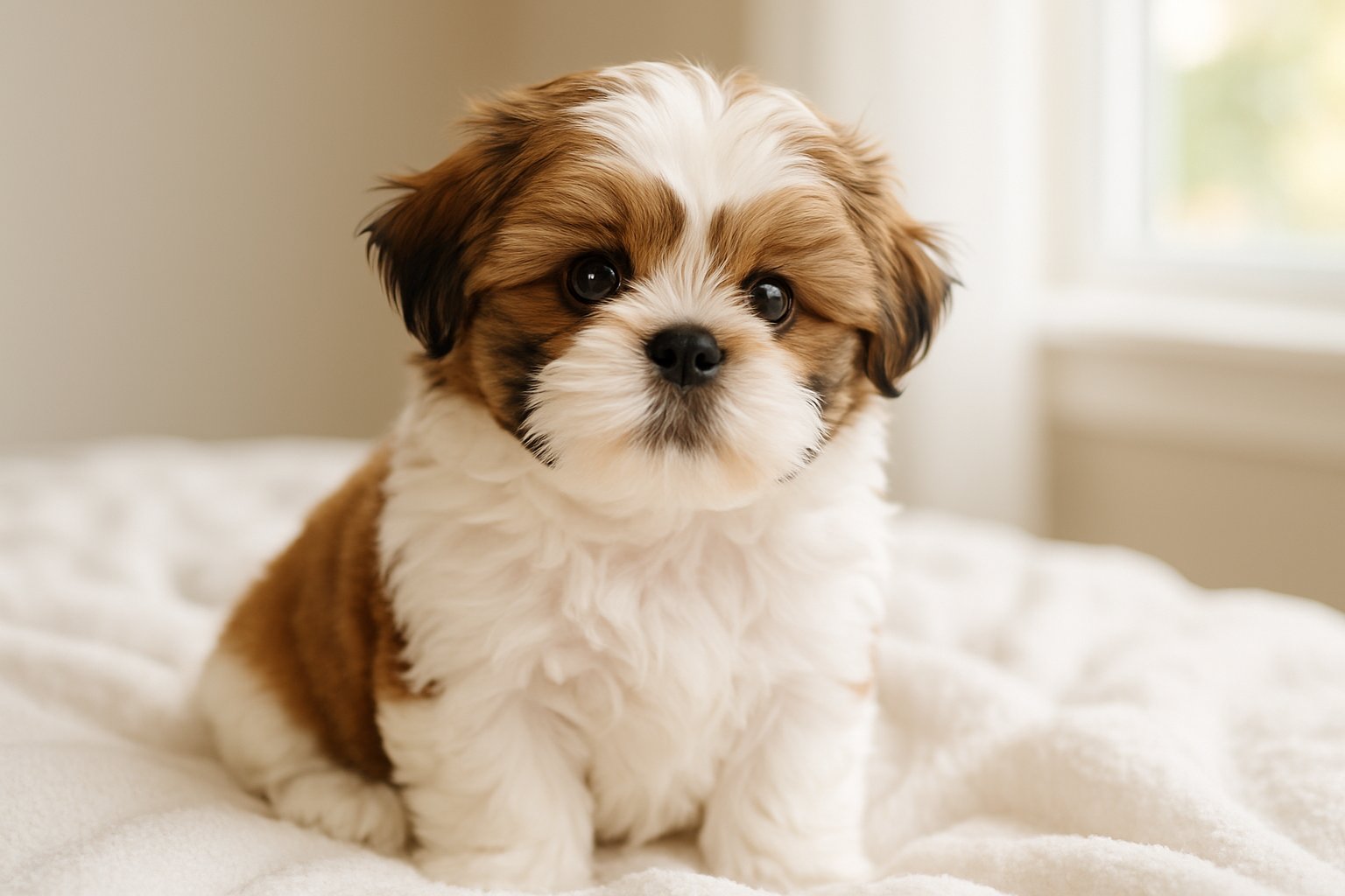 A fluffy Shih Tzu puppy sitting on a white blanket indoors near a window with soft natural light.