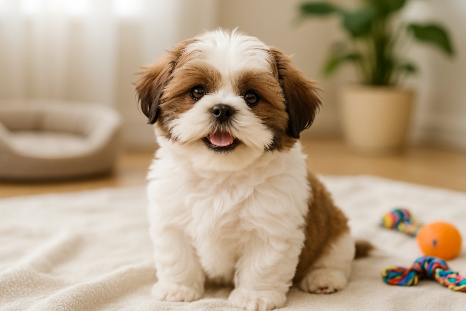 A Shih Tzu puppy sitting on a blanket in a cozy living room with dog toys and a plant nearby.