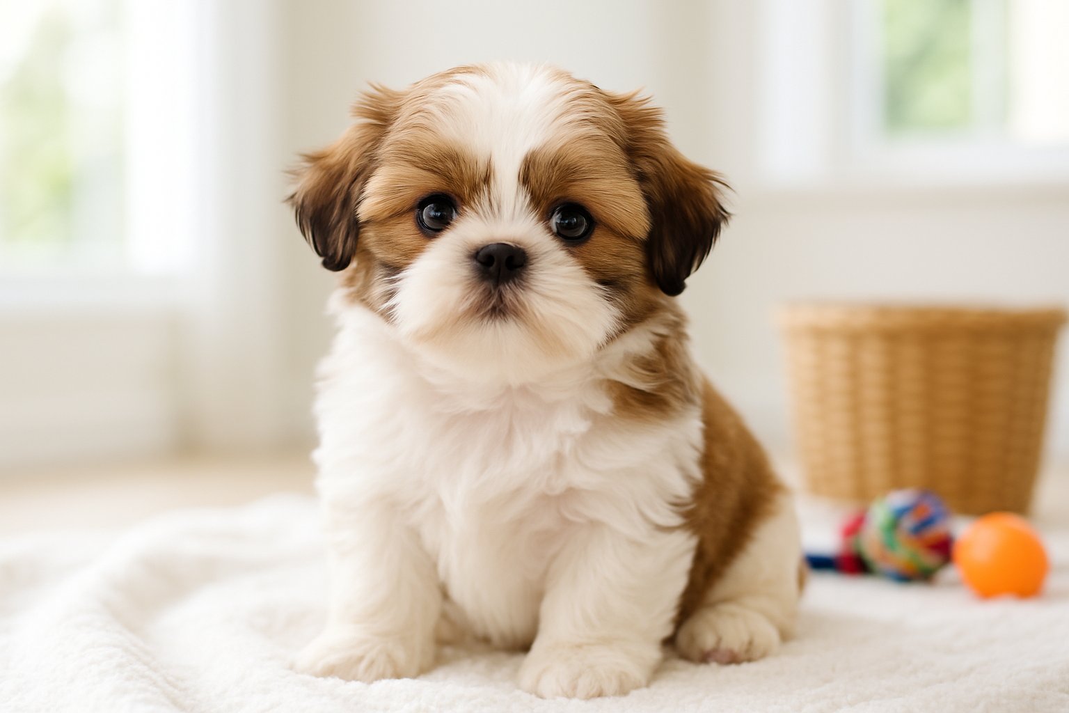 A fluffy Shih Tzu puppy sitting on a white blanket indoors with soft natural light and dog toys nearby.