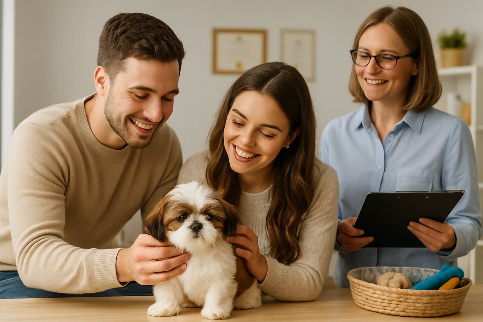 A couple happily interacting with a Shih Tzu puppy while a breeder explains details in a clean, welcoming home setting.