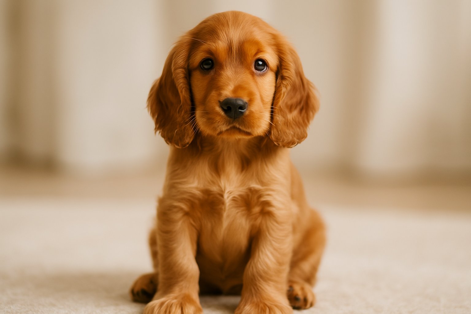 A Cocker Spaniel puppy sitting and looking at the camera with a gentle expression.