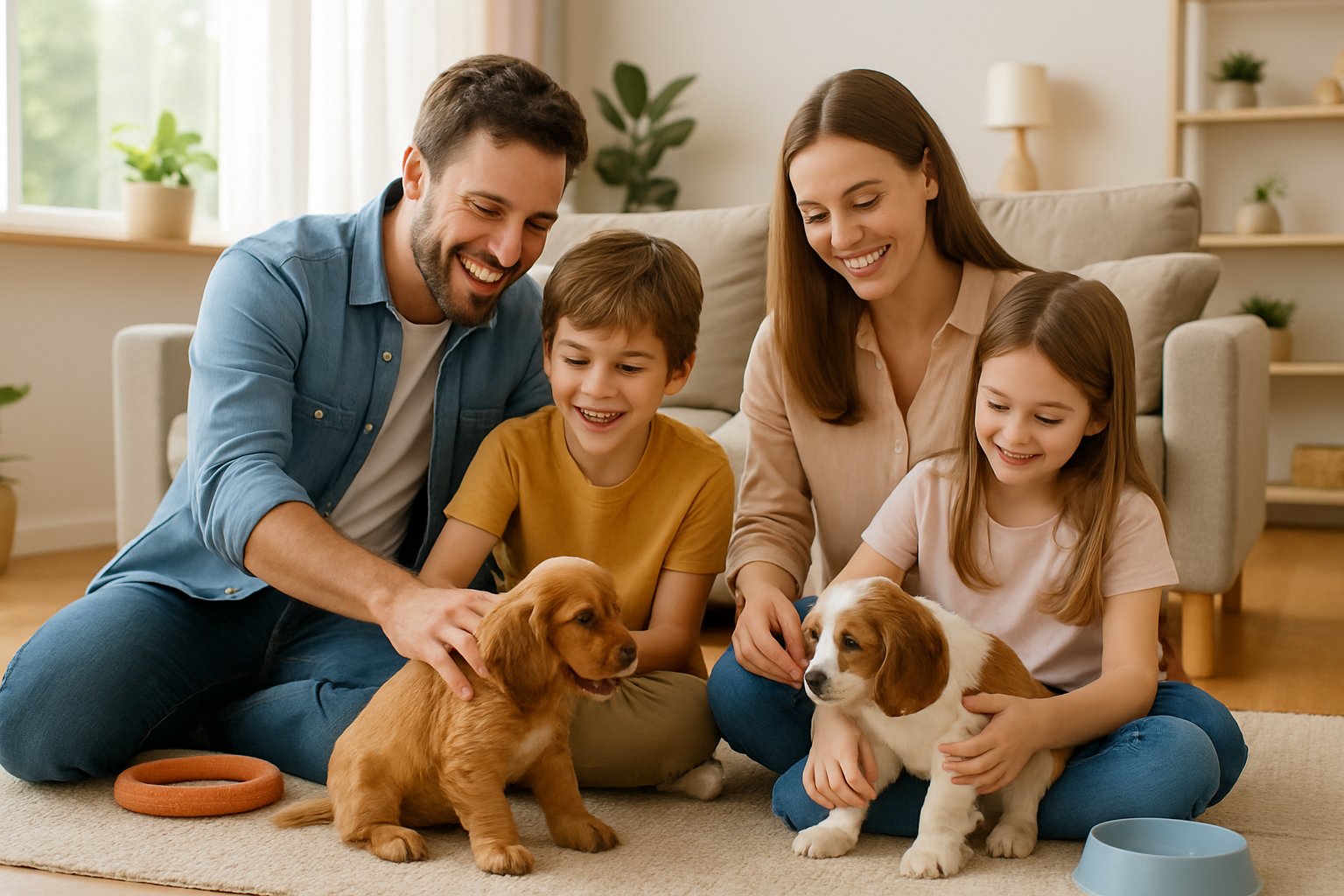 A family with two children playing with Cocker Spaniel puppies in a bright living room.
