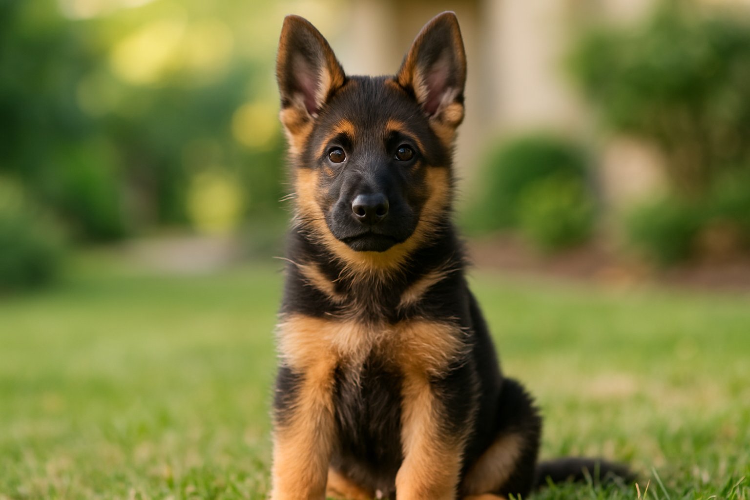 A German Shepherd puppy sitting attentively outdoors on grass with a blurred natural background.