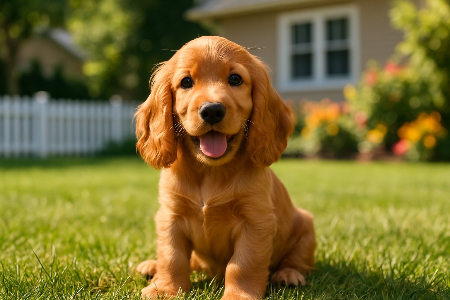 A Cocker Spaniel puppy sitting on grass in front of a suburban house with a white fence and flowers.