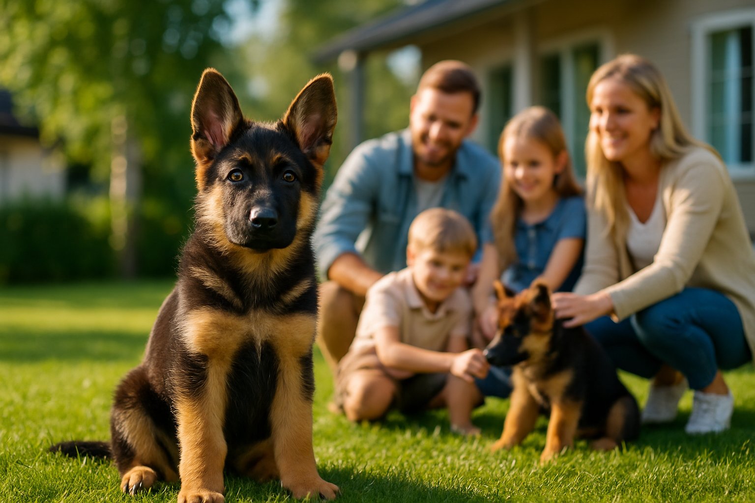 A German Shepherd puppy sitting on grass with a family playing with another puppy near a house in the background.