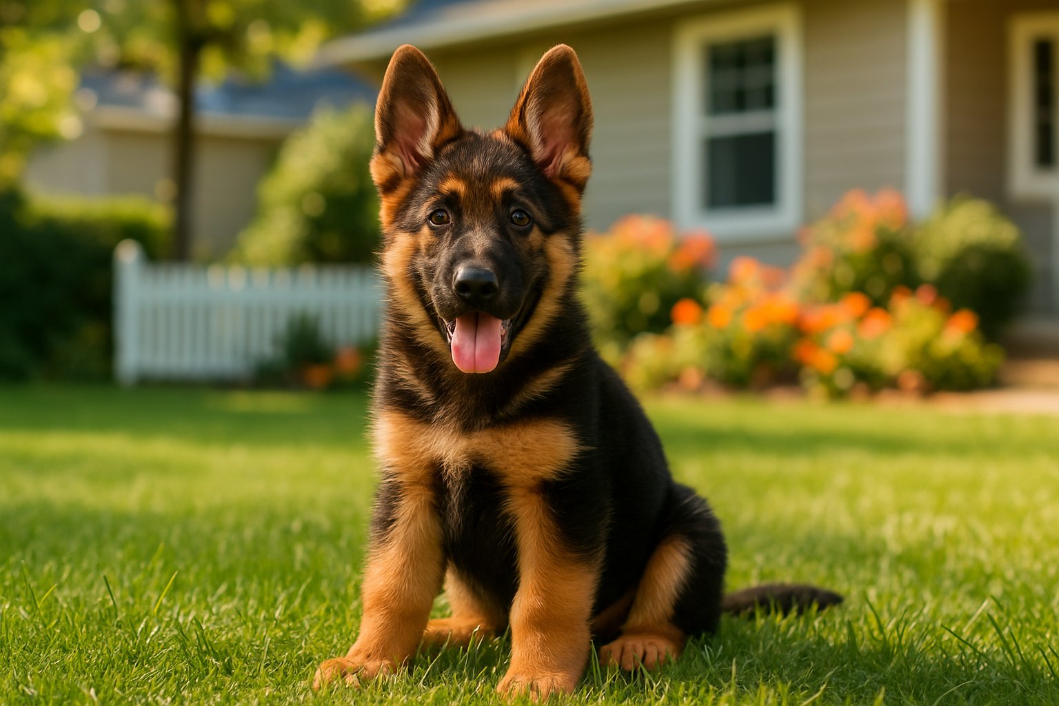 A German Shepherd puppy sitting on green grass in front of a house with a white fence and flowers.