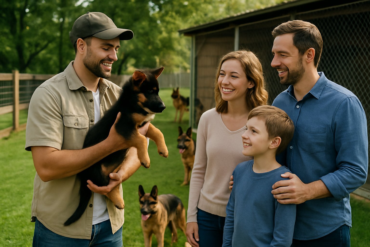 A family visiting a dog breeder holding a German Shepherd puppy outdoors with adult dogs in the background.