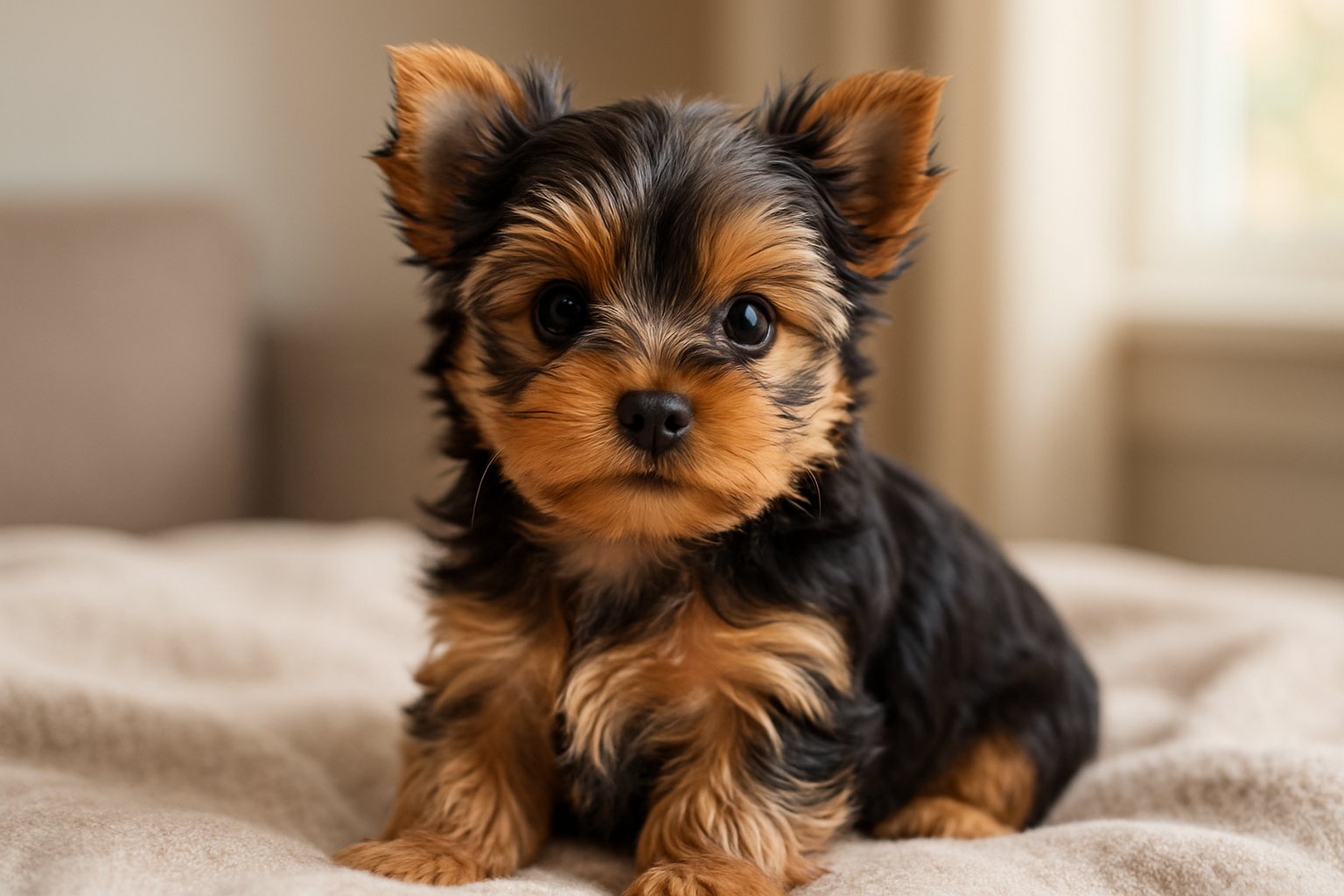 A close-up of a Yorkshire Terrier puppy sitting on a soft blanket indoors with natural light.