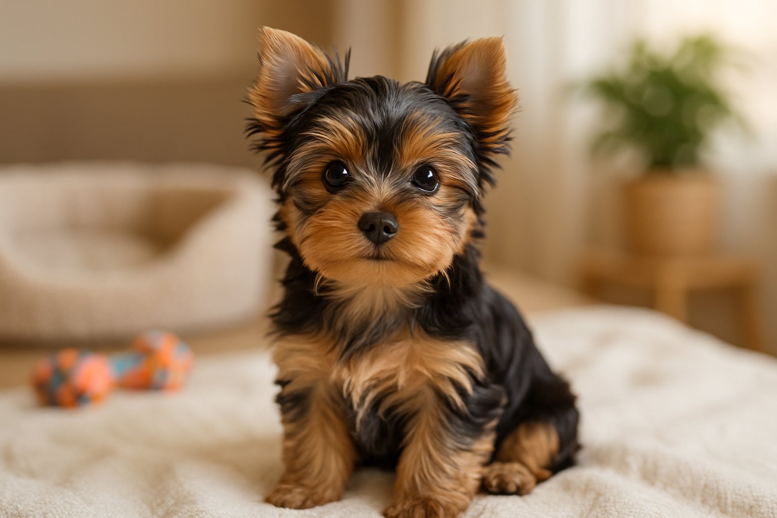 A small Yorkshire Terrier puppy sitting on a blanket indoors with dog toys and a plant nearby.