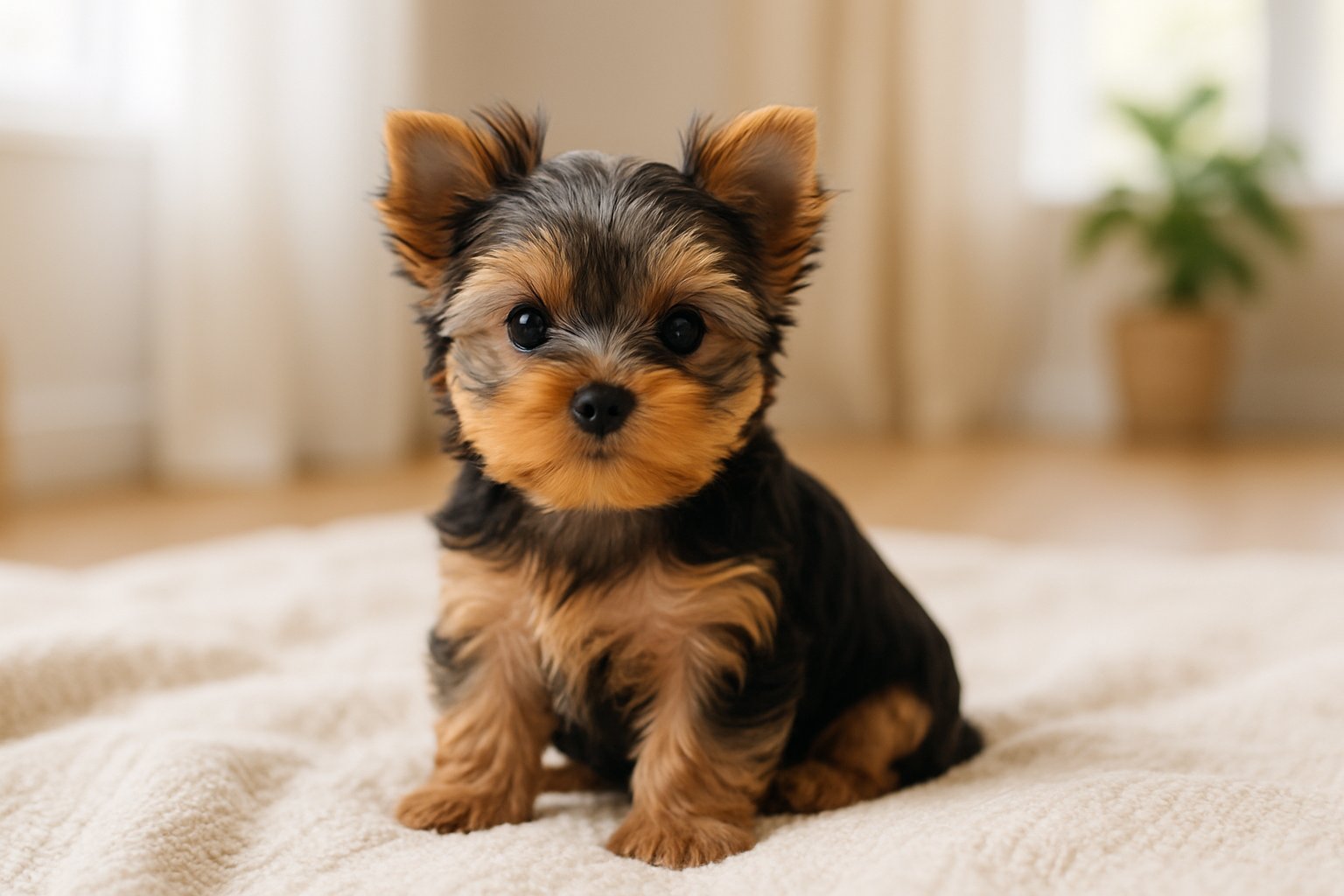 A Yorkshire Terrier puppy sitting on a blanket in a cozy indoor setting with natural light.