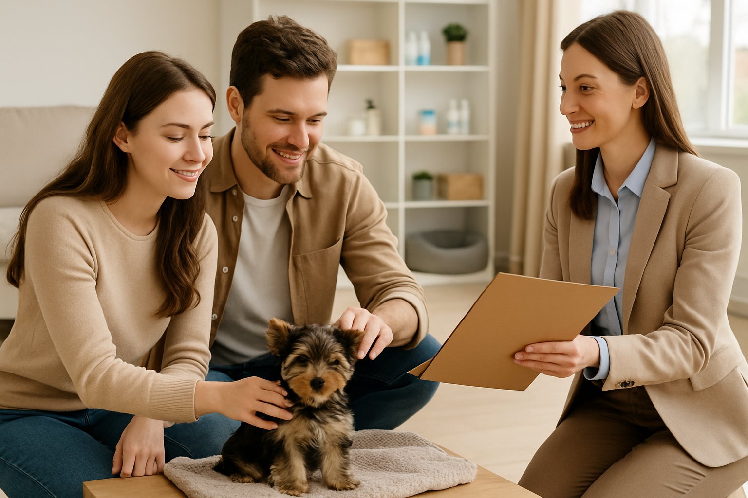 A couple happily interacting with a Yorkshire Terrier puppy in a bright living room while a person hands them an information folder.