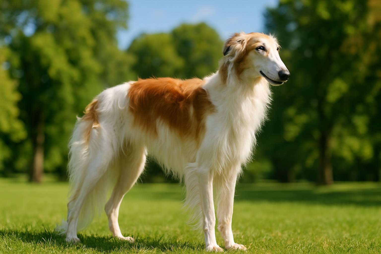 A Borzoi dog standing gracefully in a green park with trees and a clear sky in the background.